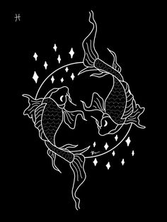 two fish in the middle of a circle on a black background with white stars around them