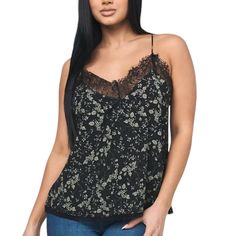 Nwt Reset By Jane Satin Samantha Black Lace Floral Print Cami Tank Top. Lightweight And Silky With A Black Lace Trim And Green Floral All Over Print. Adjustable Spaghetti Straps, Racerback Style. Women’s Size Large Measurements Chest 14” Waist 15.5” Length 25” Measurements Are Approximate And Taken While Laid Flat! L51 Chic Black Lace Camisole Top, Floral Print Cami Camisole For Party, Black Lace V-neck Tank Top, Party Camisole With Floral Print, Spring Black Lace Camisole, Lace Camisole For Date Night, Black Lace Trim Camisole Top, Black Lace Camisole Top For Spring, Chic Black Floral Print Tank Top