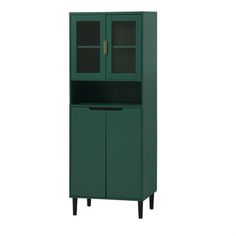 a tall green cabinet with two doors on the front and one door open to reveal a cupboard