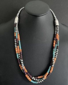 Sterling Silver Multi Strand Multi Stone Bead Necklace. 27.5 inch Southwestern Multi-strand Polished Beaded Necklaces, Southwestern Multi-strand Necklaces With Large Beads, Artisan Multi-strand Jewelry With Spacer Beads, Southwestern Multi-strand Large Bead Necklaces, Southwestern Multi-strand Necklace With Large Beads, Southwestern Multi-strand Polished Bead Necklaces, Elegant Multicolor Hand-strung Necklaces, Elegant Multicolor Hand-strung Necklace, Southwestern Multi-strand Gemstone Bead Necklaces