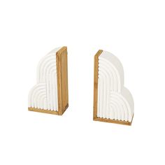 two white and wood bookends on a white background, one is shaped like a heart