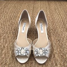 Open Toed Ivory Satin Kitten Heels With Jewel Embellishment. Never Worn Before. Perfect Condition. Original Box Nina Shoes, Wedding Shoes Heels, Dress Indian, Kitten Heel, Cotton Dress, Wedding Shoes, Shoes Women Heels, Kitten Heels, Original Box