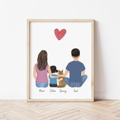 a family is sitting on the floor in front of a wall with a red heart above it