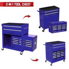 the two in one tool chest is shown with wheels on each side and an arrow pointing to