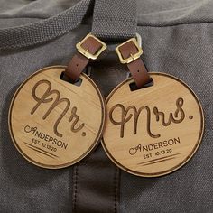 Add a title and last name for the front of the tag and any 4 line personalization on the reverse sideIncludes 1 bag tagMade of .25" thick alderwoodMeasures 3.375" in diameterIncludes 5.5" L  x .5" W brown leatherette strapMade in USA  This stylish Circle Of Love Personalized Wood Luggage Tag is the perfect way to identify your bag or luggage. Wood Bag, Personalized Bag Tags, Personalization Mall, Creative Wedding Favors, Laser Engraved Ideas, Honeymoon Gifts, Wedding Favors Cheap, Personalized Luggage, Diy Wedding Favors