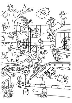 an animal themed coloring page with animals in the cage and on the ground, including giraffes