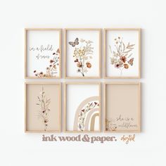 four framed pictures with flowers and butterflies on them, one is saying ink wood & paper