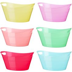 four different colored plastic buckets with handles