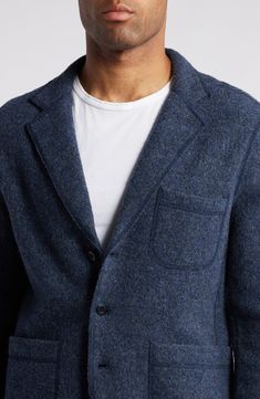 A softly felted texture underscores the casual appeal of a sport coat that's made with a touch of stretch and styled to elevate any cool-weather look. 29 1/2" length (size Large) Three-button closure Notched lapels Chest patch pocket; front patch pockets Back vent Unlined 98% cotton, 2% spandex Machine wash, tumble dry Imported Casual Wool Outerwear With Patch Pockets, Fitted Merino Wool Outerwear For Work, Winter Merino Wool Outerwear With Pockets, Modern Wool Blazer For Fall, Casual Tweed Jacket With Button Closure, Casual Fitted Single Breasted Wool Coat, Casual Fitted Single-breasted Wool Coat, Winter Wool Sport Coat With Patch Pockets, Wool Sport Coat With Patch Pockets For Winter