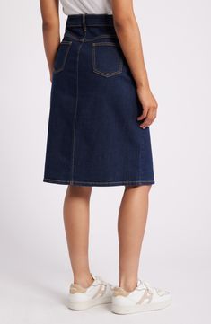 Contrast topstitching accentuates the classic pencil silhouette of this dark-wash denim skirt. Zip fly with button closure Five-pocket style Unlined 99% cotton, 1% spandex Machine wash, tumble dry Imported Dark Wash Cotton Knee-length Denim Skirt, Dark Wash Cotton Denim Skirt Knee-length, Knee-length Dark Wash Cotton Denim Skirt, Classic Cotton Denim Skirt, Dark Wash Knee-length Denim Skirt, Classic Dark Wash Cotton Denim Skirt, Dark Wash Denim Pencil Skirt With Pockets, Medium Wash Denim Pencil Skirt With Pockets, Classic Mid-rise Denim Blue Denim Skirt