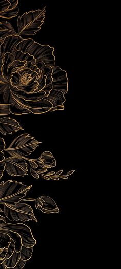 a black background with gold flowers and leaves