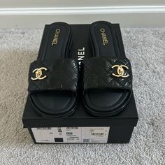 Great Condition. Only Worn A Few Times. Size 40 . Comes With Original Box And Dust Bags. Black Patent Leather Sandals With Leather Sole, Luxury Black Sandals With Leather Sole, Luxury Black Platform Sandals, Luxury Black Sandals, Luxury Black Flat Heel Sandals, Designer Black Closed Toe Sandals, Designer Black Sandals With Leather Sole, Designer Black Sandals, Designer Black Slip-on Sandals