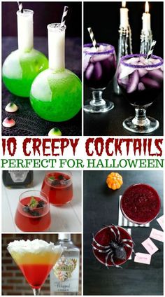 various halloween cocktails with candles and decorations