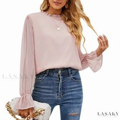 Lasaky - Two-layered Long-sleeved Chiffon Top in Solid Colors with a Sweet and Elegant Touch Pink Chiffon Blouse For Fall, Casual Chiffon Top For Layering, Feminine Long Sleeve Layering Blouse, Long Sleeve Pink Blouse For Layering, Chic Pink Blouse For Layering, Feminine Long Sleeve Blouse For Layering, Women Chiffon Blouse, Princess Sleeves, Layered Long Sleeve