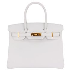 Brand: Hermès Style: Birkin Size: 30cm Color: White Material: Epsom Leather Hardware: Gold (GHW) Dimensions: 11.75" W x 9.5" H x 6" D Handle Drop: 5" White Hermes Bag, White Luxury Bag, White Birkin Bag, White Birkin, Hermes Style, Leather Hardware, Luxury Bag, Hardware Gold, Pretty Bags