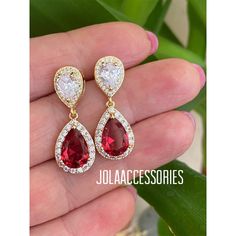 Made to order! Fast shipping! Classic ruby red gold bridal dangle earrings have a modern  vintage style, featuring a lovely drop design.  It's approx 3cm or 1,25 inches long. Thank you for your custom! Pink Gold Wedding, Gold Wedding Earrings, Bridal Dangle Earrings, Earrings Zirconia, Pink And Gold Wedding, Gold Earrings Wedding, Wedding Bridesmaid Jewelry, Modern Vintage Fashion, Halo Earrings