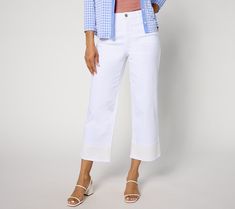 Feelin' fancy? A wide swath of charming lace trims these otherwise-casual stretch denim crops, designating them for brunch dates, vineyard tours, and stylish in-office days. From Susan Graver. Spring Non-stretch Cropped Jeans, Spring Stretch Cropped Jeans, Non-stretch Cotton Cropped Jeans For Spring, Spring Non-stretch Cotton Cropped Jeans, Spring Stretch Wide Leg Cropped Jeans, Chic Stretch Cropped Jeans For Summer, Elegant Denim Jeans For Spring, Elegant Denim Bottoms For Spring, Spring Cropped Jeans For Day Out