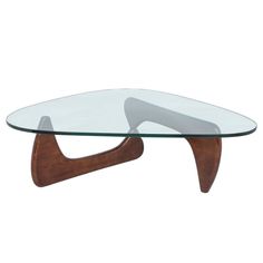 an oval glass table with wooden legs and a curved design on the top, against a white background