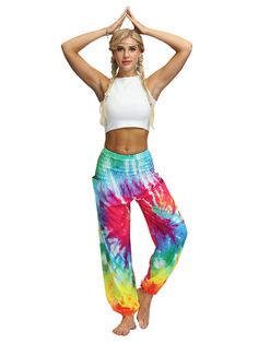 Sku CY-!86543 Material Polyester Style Loose Feature Tie-dyed , Elastics , Multi-Colored Occasion Going out , Bohemia , Sports Seasons Summer Type Yoga Bottoms , Pants Color MULTICOLOR Size FREE SIZE Please consult the size chart we provide for this item's measurements to help you decide which size to buy.Please note: There may be 1-3cm differ due to manual measurement.CMINCH Waist Hips Crotch Thigh Leg Opening Length FREE SIZE 58-102 112-132 35 68 23-50 102 Casual Harem Pants For Yoga In Spring, Casual Spring Harem Pants For Yoga, Casual Stretch Yoga Pants For Summer, Casual Summer Stretch Yoga Pants, Non-stretch Casual Sweatpants For Yoga, Casual Summer Sweatpants For Yoga, Multicolor Non-stretch Harem Pants For Summer, Casual Summer Yoga Sweatpants, Multicolor Stretch Casual Bottoms