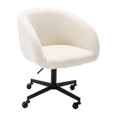 an office chair with wheels and a white upholstered seat, on a black base