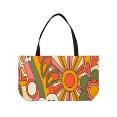 Ready for an unexpected weekend getaway? Got some sun, sand and surf in mind? Then you don't want to be without our Retro Groovy Weekender Tote Bag! This funky mid mod beach bag will help get you and all your essentials there in style. Featuring a vibrant 70s Sunburst Floral design, this 100% spun polyester bag offers a roomy interior lined with black fabric for all your gear. The stylish detailing, like the t-bottom construction and black handles, make it the perfect carryall - whether you're h Multicolor Shoulder Bag For Weekend, Multicolor Summer Weekend Bag, Retro Tote Bag For Vacation, Retro Vacation Tote Bag, Multicolor Retro Shoulder Bag For Beach, Retro Multicolor Shoulder Bag For Beach, Yellow Retro Shoulder Bag For Summer, Retro Canvas Shoulder Bag, Retro Yellow Shoulder Bag For Summer