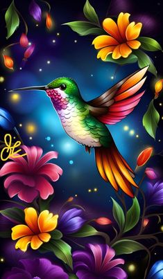 a painting of a hummingbird flying in the night sky with flowers and butterflies around it