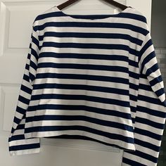 Never Worn J Crew Navy And White Top. Thicker Than A Standard Tee And A Boatneck Collar. Great For Cool Summer Nights Or Year Round Layering. Cotton Sailor Style Top, White Sailor Style Long Sleeve Tops, Sailor Striped Long Sleeve Top, Striped Sailor Long Sleeve Top, Sailor Style Striped Long Sleeve Top, Striped Sailor Style Top For Spring, Spring Sailor Striped Top, Blue Nautical Cotton Tops, Navy Sailor Tops For Spring