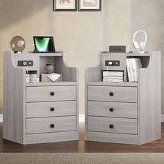 two wooden drawers with various items on them in front of a beige wall and carpeted floor