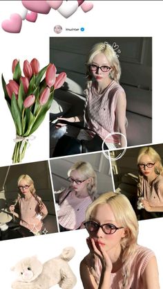 a collage of photos with pink tulips in the background and a woman holding a teddy bear