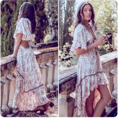 Boho High-Low Dress With Open Back And Tie Front In A Beautiful Rayon Bohemian Print. Feminine Boho Maxi Dress For Vacation, Bohemian V-neck Beach Dress For Garden Party, Fitted Bohemian Beach Dress For Brunch, Feminine Boho Maxi Dress For Beach, Bohemian Short Sleeve Dresses For Garden Party, White Bohemian Beach Dress With Floral Print, White Boho Print Short Sleeve Dress, Bohemian Printed Beach Dress For Brunch, Bohemian Ruffled Beach Dress For Spring