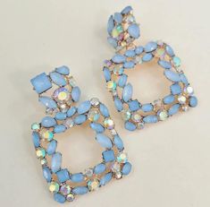 Rhinestone Geometric Blue Ear Stainless Steel 2.8" L x 1.8"W Bling Fashion, Vintage Clip Earrings, Swarovski Earrings, Blue Rhinestones, Rhinestone Earrings, Crystal Pearls, Gold Earrings Studs, Jewelry Care, Crystal Rhinestone