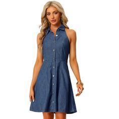 This casual summer denim dress is crafted in an A-line fit with a button-down closure and a halter neck. This dress features a halter neck, adding a feminine and romantic touch to your outfit. It's perfect for both casual and dressy occasions. Features a high waist design that accentuates your figure and makes you look taller. Pair it with your high heels for casual summer outfits. Summer Denim Dress, Denim Dress Summer, Maxi Bodycon Dress, Denim Maxi Dress, Denim Midi Dress, Summer Denim, Women Halter, Mini Skater Dress, Dresses Blue