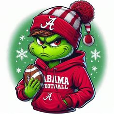 the mascot for the university of alabama football team wearing a red hoodie and holding a football