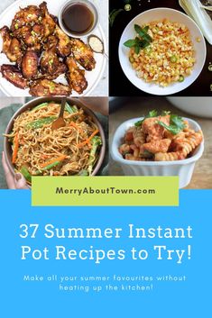 the cover of 37 summer instant pot recipes to try, including shrimp and rice in bowls