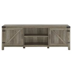 the sideboard is made from wood and has two sliding doors on one side, and an open door on the other