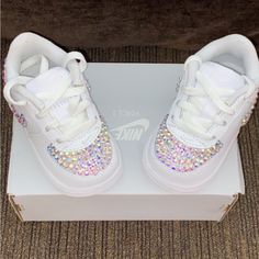 Custom White Nike Air Force Ones Size 4c With Swarovski Rhinestones Great For Any Gift Or Birthday Idea Never Worn White Synthetic Sneakers With Bling, White Rhinestone Round Toe Sneakers, Bedazzled Low-top Synthetic Sneakers, Bedazzled Synthetic Low-top Sneakers, Bedazzled Synthetic Sneakers With Round Toe, Nike Shoes Custom, Nike Air Max Black, Cups Ideas, Bedazzled Shoes