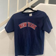 Bnwt From Ny Trendy Blue Pre-shrunk T-shirt, Blue School Spirit T-shirt With Text Print, Blue Cotton T-shirt With School Spirit, Blue Cotton T-shirt For School Spirit, Basic Blue School Tops, Blue Letter Print Top For School, Blue Letter Print Tops For School, Basic Blue Tops For School, Blue School Spirit T-shirt