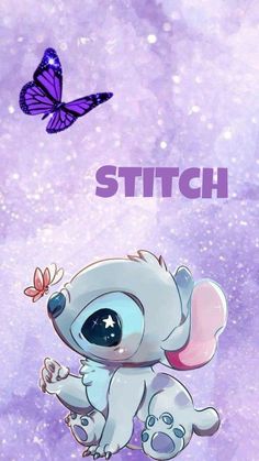 a cartoon koala with a butterfly on its back and the words stitch above it