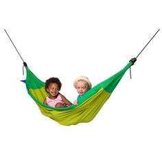 two children sitting in a green hammock