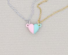 Best Friend Gift Magnetic Heart Multicolored Friendship Necklace Set - Two Necklaces Sister Jewelry Choose Colors Rainbow Couple Girlfriend Magnetic heart necklace set - hearts offered in 12 different colors. Choose different colors for each side of the heart for a perfect best friend necklace set. Comes with TWO necklaces. We also offer 3 colors for the chain - all 100% Stainless Steel for no tarnishing! Packaged with care in TWO DistinctlyIvy gift boxes (see last photo). SHIPS in 1 Business Da Pink Heart Necklaces For Friendship, Pink Heart Friendship Necklaces, Pink Heart-shaped Friendship Necklaces, Pink Heart Necklace For Best Friend, Two Necklaces, Friendship Necklace, Sister Jewelry, Friendship Necklaces, Friend Necklaces