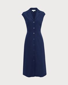 The Navy V Neck Button Cap Sleeve Midi Dress - Navy Cap Sleeve V Neck High Waist Midi Dress - Navy - Dresses | RIHOAS Tailored Clothes, High Waist Dress, Multi Dress, V Neck Midi Dress, Navy Midi Dress, The Navy, Sleeve Midi Dress, Midi Dress With Sleeves, Swimwear Outfit