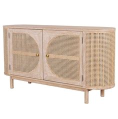 the sideboard is made out of wood and has rattan panels on it's sides