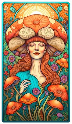 a painting of a woman with red hair and mushrooms on her head, surrounded by flowers