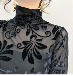 High Neck Flowers Pattern Elegant Shirts – Tomscloth Trendy Long Sleeve Party T-shirt, Fitted Long Sleeve T-shirt For Party, Long Sleeve T-shirt For Spring Party, Trendy Long Sleeve T-shirt For Party, Long Sleeve T-shirt For Fall Party, Elegant Long Sleeve T-shirt For Summer, Elegant Long Sleeve T-shirt For Fall, Winter Party Tops With Short Sleeves, Black Party Shirt For Winter