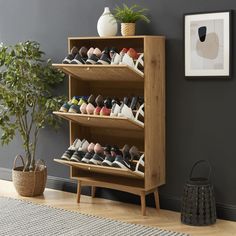 there is a shoe rack with many pairs of shoes on it next to a potted plant