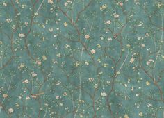 a green wallpaper with flowers and branches on it