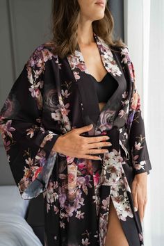 The perfect gift for anyone who loves the finer moments in life, this soft and sexy kimono robe is crafted by hand with strong attention to detail. With a gorgeous print and exclusive stitches, it's perfect for an extended variety of use. Elevate your kimono experience with the luxurious touch of our blended silk viscose fabric. This exquisite material harmoniously combines the elegance of silk with the comfort of viscose, resulting in a fabric that drapes effortlessly and exudes a subtle sheen. Floral Print Sleepwear With Kimono Sleeves, Floral Print Kimono For Loungewear, Floral Print Kimono Sleeves Sleep Robe, Open Front Kimono For Sleep, Floral Print Long Sleeve Kimono For Wedding, Long Sleeve Floral Print Kimono For Wedding, Long Sleeve Floral Kimono For Wedding, Long Sleeve Floral Print Wedding Kimono, Elegant Wrap Kimono With Floral Print