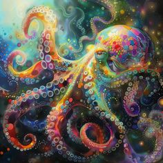 an abstract painting of an octopus with colorful bubbles on it's face and body