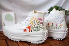 "Experience the art of hand embroidery on Converse embroidered shoes, a testament to meticulous craftsmanship."          Embroidered Converse High Tops Fox, Mushroom And Flower Garden/ Custom Converse Run Star Hike Twisted Foundational Embroidered Shoes  💸 Price includes Converse Shoes and floral embroidery as shown 🌸 You can send me your Converse/Vans shoes or I can buy them for you. We stock all the Converse and Vans shoes you want, if you want other Converse/Vans shoes in the store, please message us. Your embroidered Converse/Vans shoes will be available for shipping in 7-15 days. 🌸 I started hand embroidering on fashionable clothes and handbags over 20 years ago - and now on CONVERSE/VANS shoes, an American icon, a must-see classic! I'm excited to give your Chuck Taylor shoes a new Embroidered Converse High Tops, Converse Chuck 70s, Chuck Taylor Shoes, Embroidered Converse, Converse Run Star Hike, Converse Run, Run Star Hike, Converse Run Star, Narrow Shoes