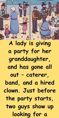 an image of a birthday party with people in the background and text that reads, a lady is giving a party for her grandadugher, and has gone all out